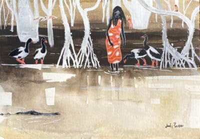 Woman and Magpie Geese - Judy Prosser